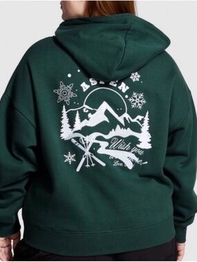 PINK Victoria's Secret Dark Green Hoodie and sweatpants set with White Graphic